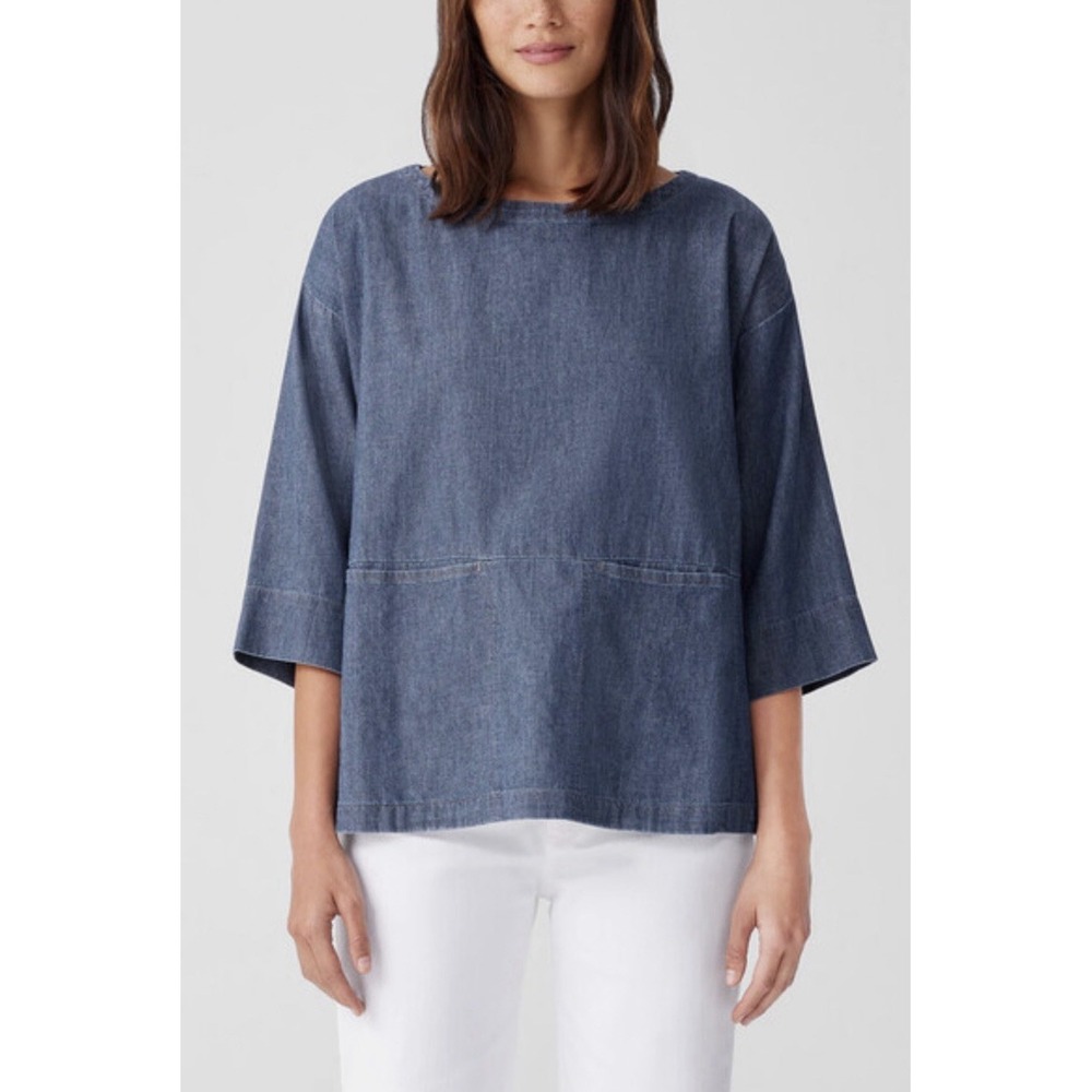 Eileen Fisher M Blue Organic Cotton Twill Bateau Neck Boxy Top Pockets Coastal